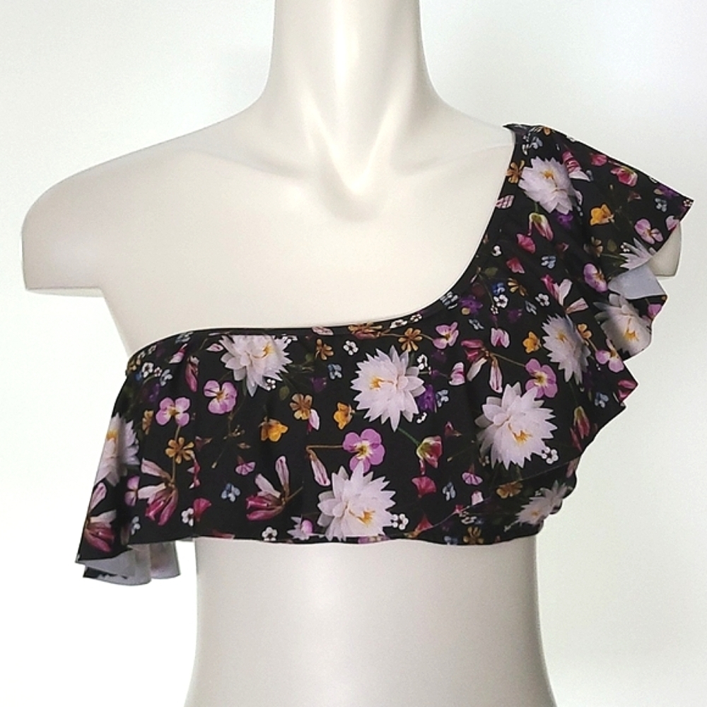 La Vie en Rose One Shoulder Ruffle Bandeau Bikini Top Black Print Size Medium - Picture 2 of 9
